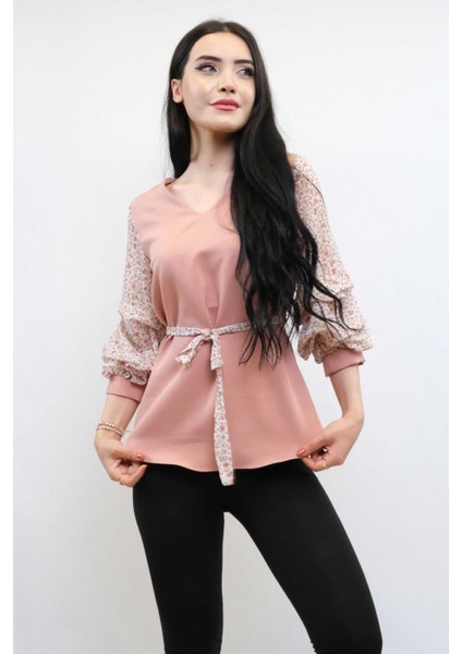 Büzgülü Şifon Kol Bluz Pudra