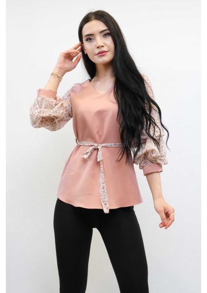 Büzgülü Şifon Kol Bluz Pudra modelleri