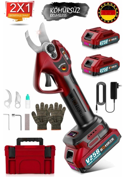 Akülü Budama Makası Red,2 x Batarya ,30mM Kesme Çapı,çift Kademeli Kesim Özelliği, Sk5 Çelik Bıçak