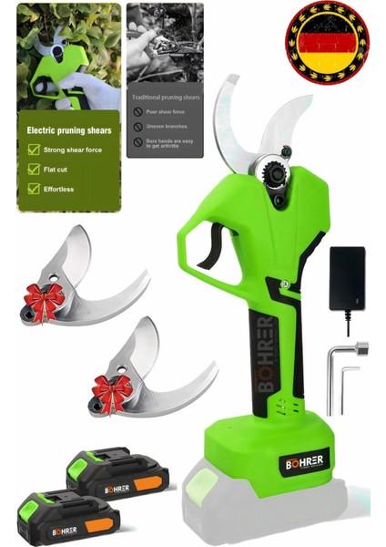 V258 5AH 25MM Çift Kademeli Kömürsüz Green Akülü Budama Makası ve Budama Makinesi +2 Bıçak Takımı