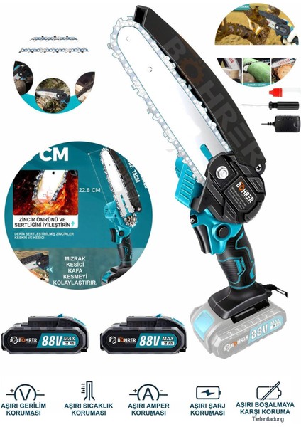 Taşınabilir Blue 20 cm 6'' Bahçe Ev Ağaç Dalları Portatif 58VF 5AH Akülü Zinciri Budama Testere
