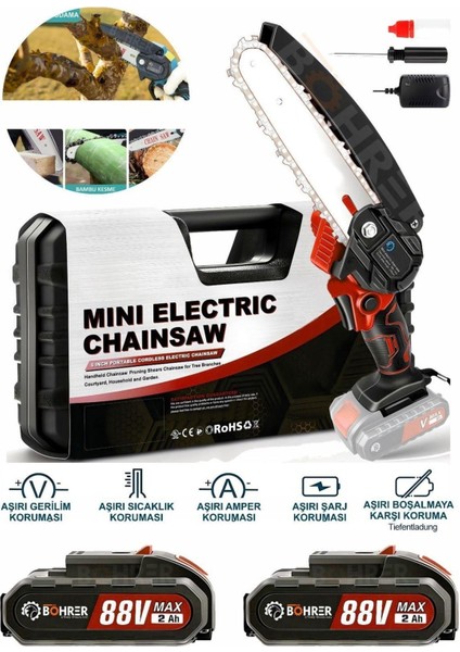 Böhre 58VF 5AH 6'' 20 cm Pala Dark Red Şarjlı Çift Akülü Mini Zincirli Budama Testere Makinesi