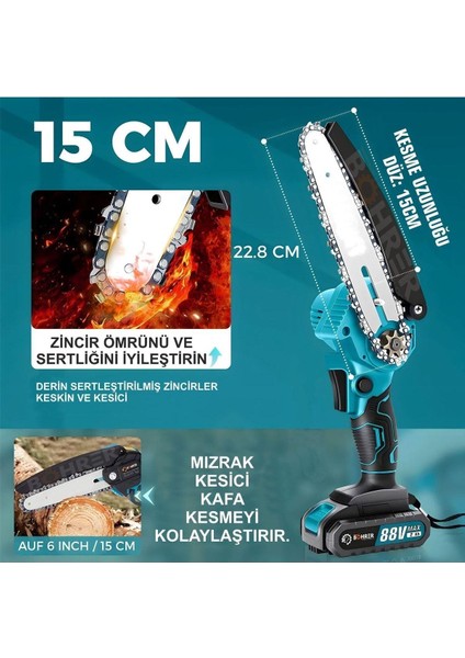Böhre 58VF 5AH 6'' 20 cm Pala Dark Red Şarjlı Çift Akülü Mini Zincirli Budama Testere Makinesi