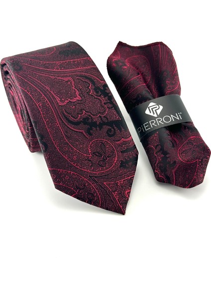 Siyah Bordo Şal Desenli Mendilli Kravat