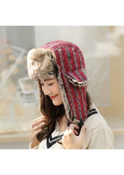 Pasifix Unisex Kış Artı Kadife Kalınlaştırıcı Sıcak Çizgili Şapka 001 (Yurt Dışından)