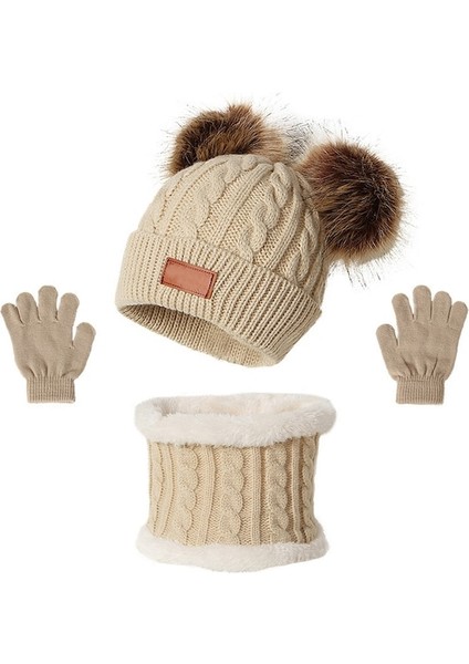 Çocuk Ponponlu Örgü Şapka Eldiven Boyunluk Takım Seti (Yurt Dışından)