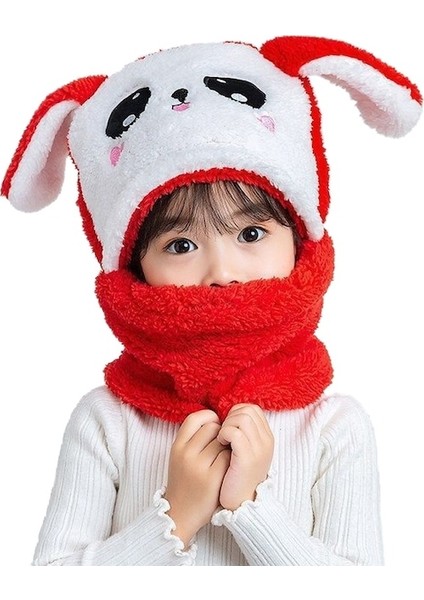 Çocuk Kulak Koruyucu Şapka ve Boyun Atkısı Entegre Artı Kadife Pamuklu Şapka - Kırmızı (Yurt Dışından)