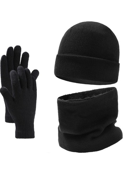 Yyh-Cc Örme Kadife Şapka, Atkı ve Eldiven Üçlü Takım-Siyah (Yurt Dışından)