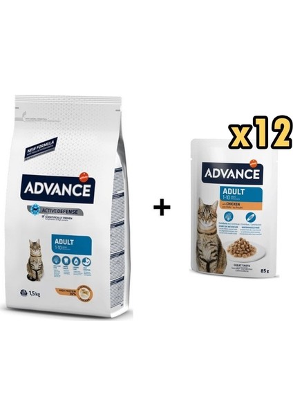 Tavuklu Yetişkin Kedi Maması 1,5 kg + 12 Adet Advance Tavuklu Yetişkin Kedi Pouch Yaş Maması 85 gr