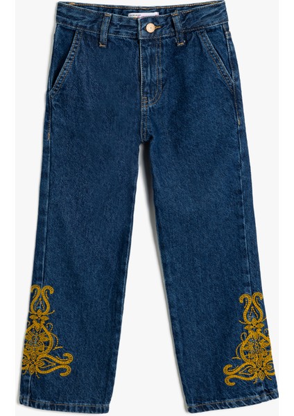 Işlemeli Kot Pantolon Düz Paça Cepli Pamuklu- Straight Jean