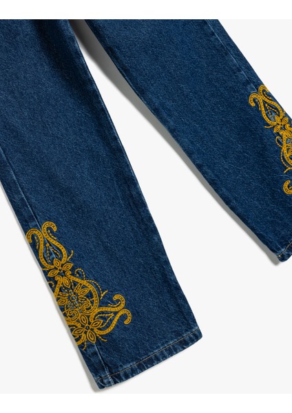 Işlemeli Kot Pantolon Düz Paça Cepli Pamuklu- Straight Jean modelleri