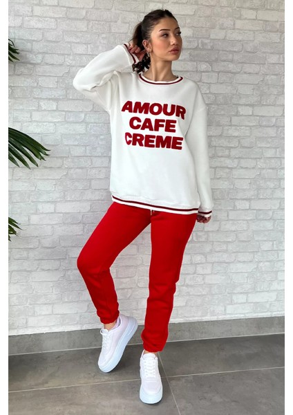 Kadın Bisiklet Yaka Yazı Nakışlı Şardonlu Eşofman Takımı