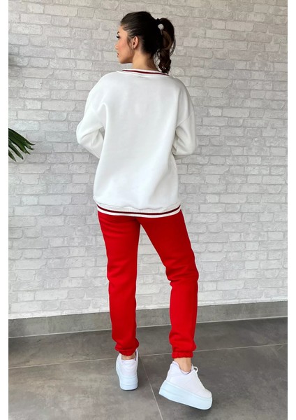 Kadın Bisiklet Yaka Yazı Nakışlı Şardonlu Eşofman Takımı modelleri