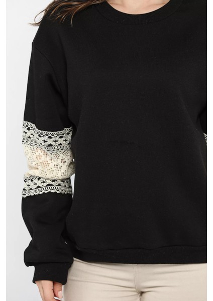 Kadın Bisiklet Yaka Kol Detaylı Şardonlu Sweatshirt fırsatları