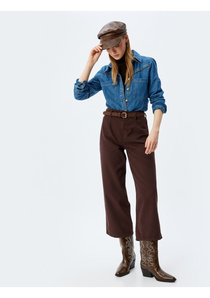 Geniş Kısa Paça Pantolon Yüksek Bel Düğmeli - Wide Leg Jean