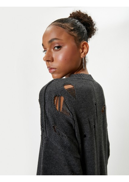 Yıpratılmış Kazak Bisiklet Yaka Uzun Kollu