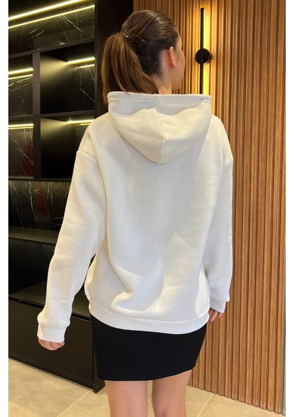 Kadın Kapüşonlu Baskılı Şardonlu Sweatshirt