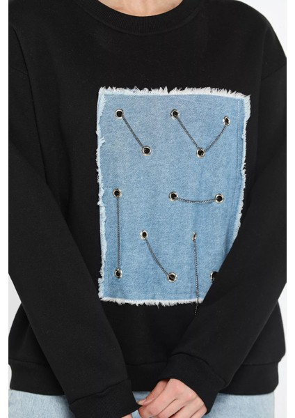Kadın Bisiklet Yaka Kot Garnili Zincir Detaylı Şardonlu Sweatshirt fırsatları