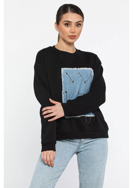 Kadın Bisiklet Yaka Kot Garnili Zincir Detaylı Şardonlu Sweatshirt