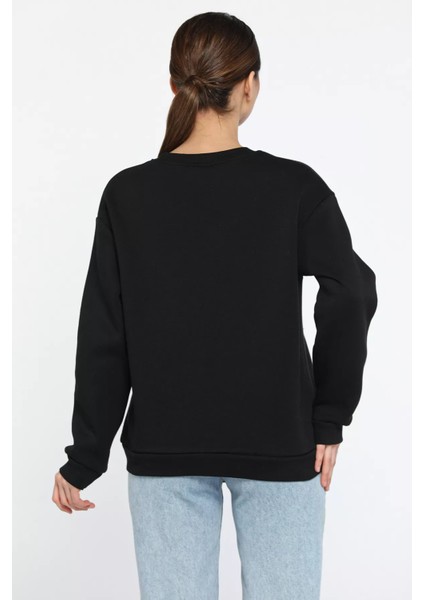 Kadın Bisiklet Yaka Kot Garnili Zincir Detaylı Şardonlu Sweatshirt