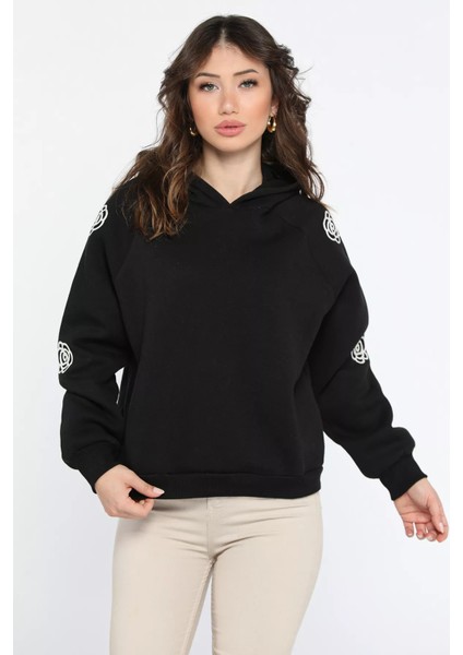 Kadın Kapüşonlu Kol Nakış Detaylı Şardonlu Sweatshirt