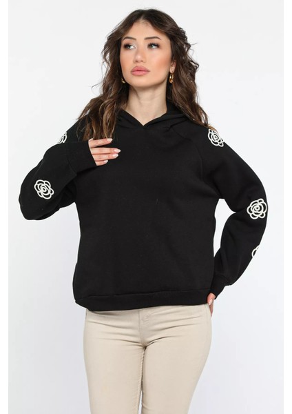 Kadın Kapüşonlu Kol Nakış Detaylı Şardonlu Sweatshirt