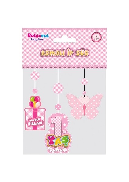 1 Yaş Temalı Asmalı Ip Süs Pembe Renk 3 Lü Set 12 x 45 cm