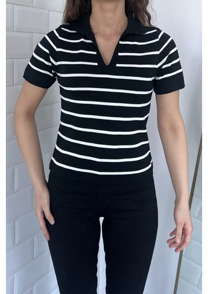 Polo Yaka Çizgi Desenli Likralı Kadın Triko Bluz fiyatları