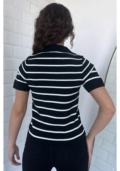 Polo Yaka Çizgi Desenli Likralı Kadın Triko Bluz modelleri