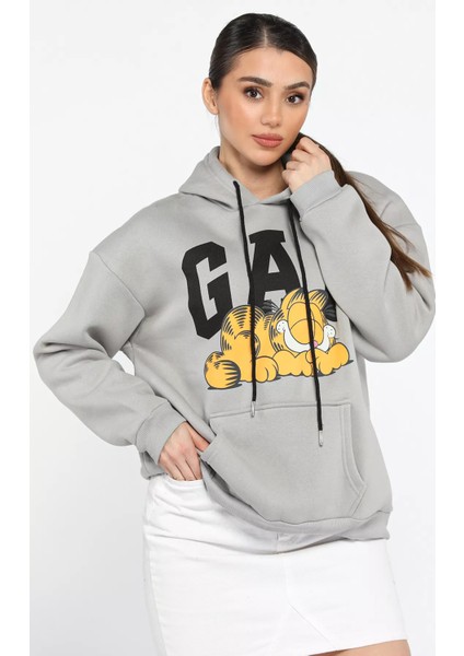 Kadın Kapüşonlu Baskılı Şardonlu Sweatshirt