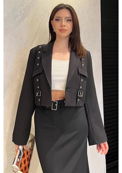 Kadın Kemer Detaylı Astarlı Crop Top Blazer Ceket