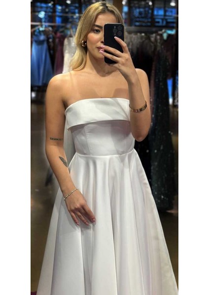 Beyaz Kloş Etekli Saten Midi Abiye Elbise 7647