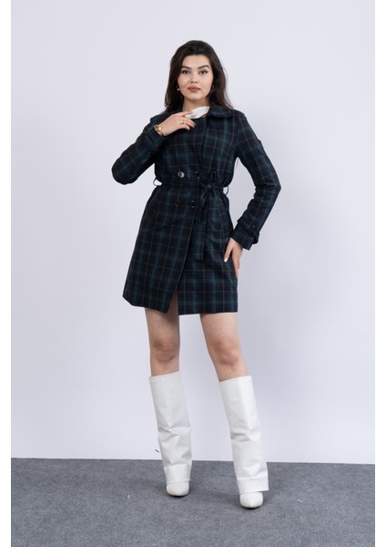 Ekose Desen Beli Kuşaklı Trenc Palto 2576