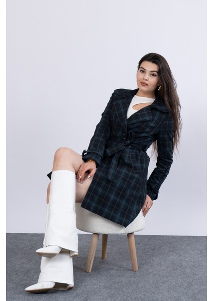 Ekose Desen Beli Kuşaklı Trenc Palto 2576 modelleri