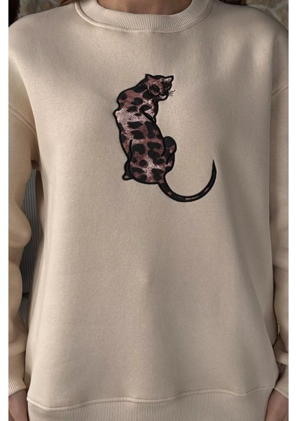 Kadın Leopar Nakışlı Üç Iplik Şardonlu Sweatshirt