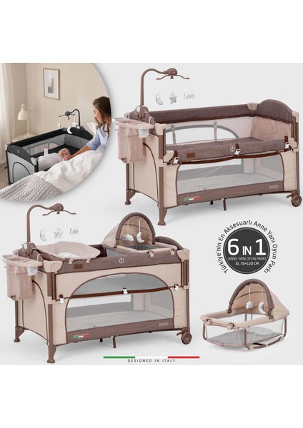 Bonte 2 6in1 Lüks Anne Yanı Oyun Parkı Park Yatak Xl 70X120 cm Kahverengi