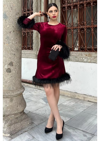 Kadın Tüy Detaylı Kloş Mini Elbise