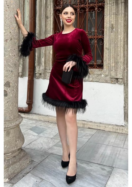 Kadın Tüy Detaylı Kloş Mini Elbise fiyatları