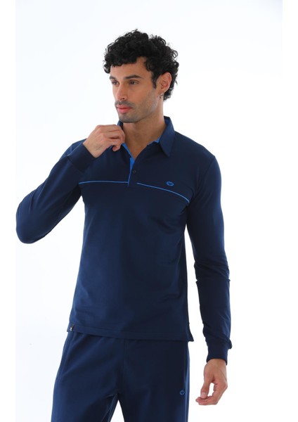 Erkek İki İplik Kumaş Açık Gri Polo Yaka Uzun Kollu Sweatshirt Eşofman Takımı - 7628