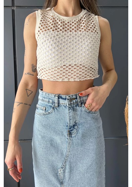 Bisiklet Yaka File Kadın Crop Top Örme Süveter P-00010075