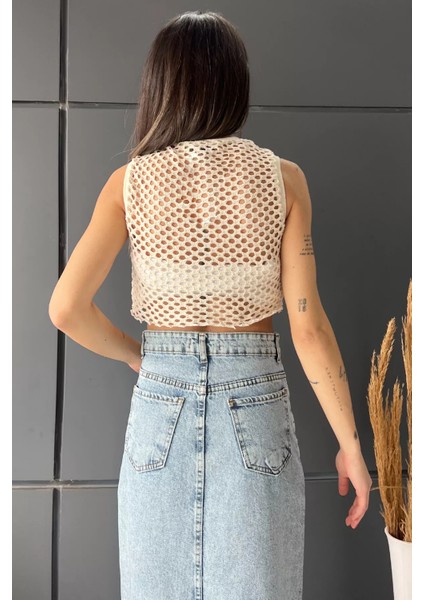 Bisiklet Yaka File Kadın Crop Top Örme Süveter P-00010075