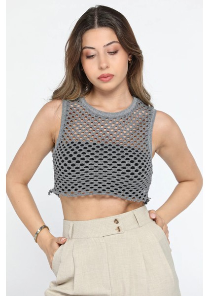 Bisiklet Yaka File Kadın Crop Top Örme Süveter P-00010075
