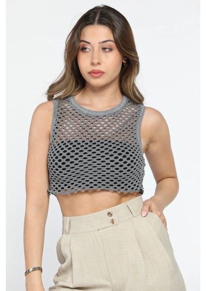 Bisiklet Yaka File Kadın Crop Top Örme Süveter P-00010075