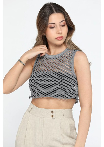 Bisiklet Yaka File Kadın Crop Top Örme Süveter P-00010075