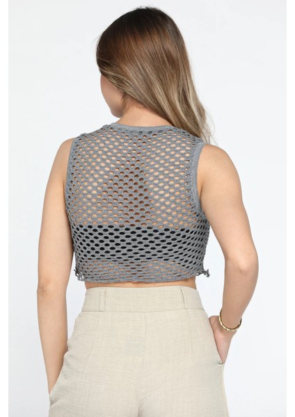 Bisiklet Yaka File Kadın Crop Top Örme Süveter P-00010075