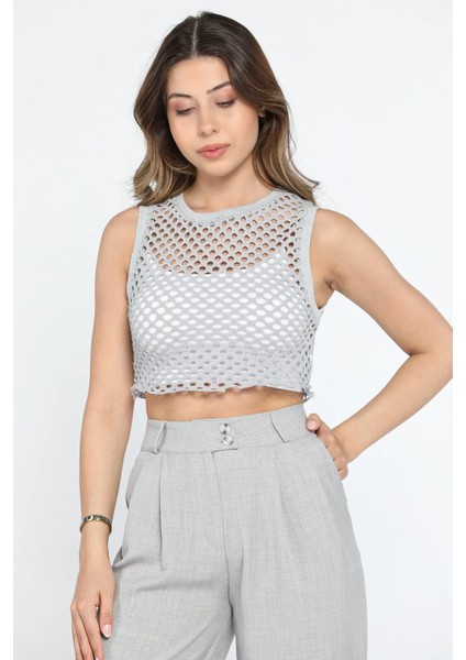 Bisiklet Yaka File Kadın Crop Top Örme Süveter