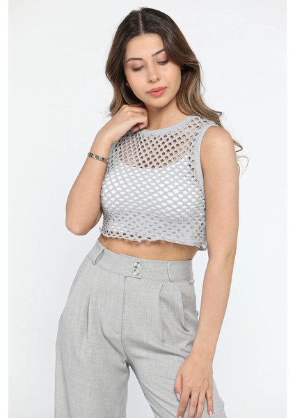 Bisiklet Yaka File Kadın Crop Top Örme Süveter