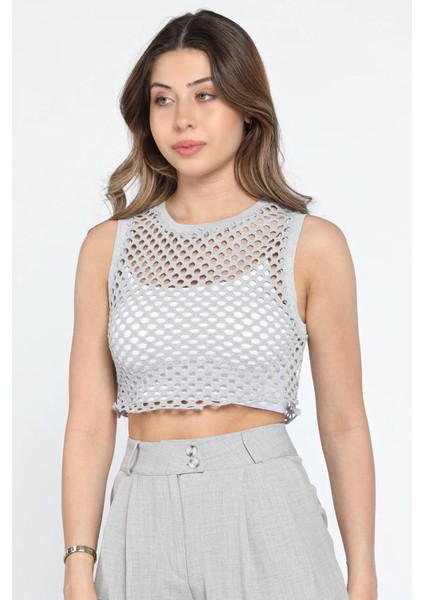 Bisiklet Yaka File Kadın Crop Top Örme Süveter