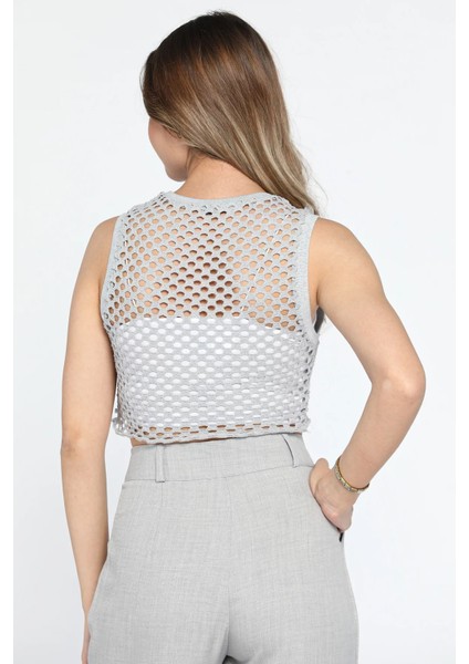 Bisiklet Yaka File Kadın Crop Top Örme Süveter