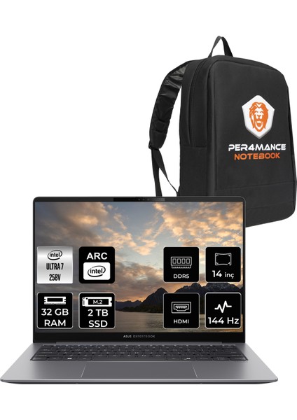 Expertbook P5 Intel Core Ultra 7 258V 32GB 2tb SSD 14" Qhd+ 144Hz Fdos Taşınabilir Bilgisayar & Per4 Çanta P5405I7321TBS0DP304